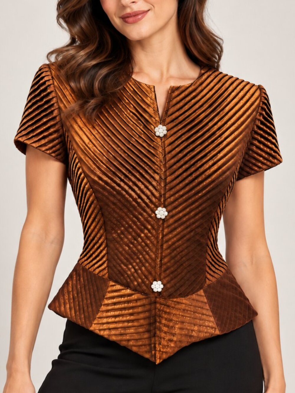 JOSEPH RIBKOFF Bronze Metallic Couture Pleated Structured Peplum Top Zip Back S